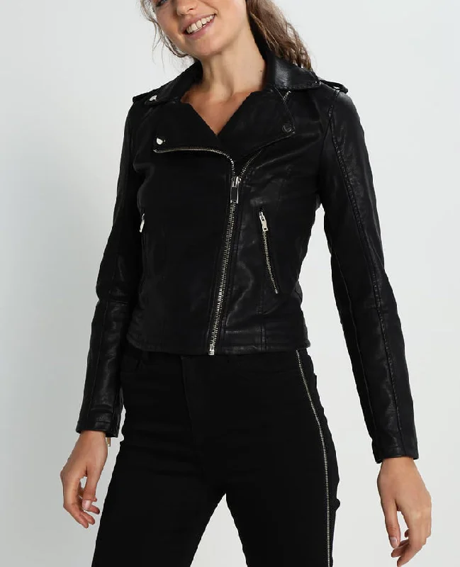 Women Real Lambskin Leather Biker Jacket KW189