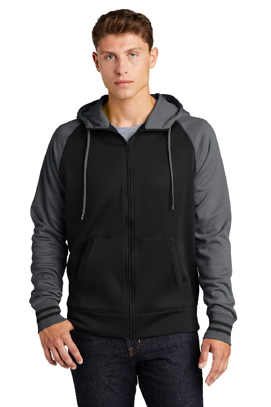 Sport-Tek Mens Sport-Wick Moisture Wicking Fleece Hooded Sweatshirt Hoodie w/ Pouch Pocket - Black/Dark Smoke Grey