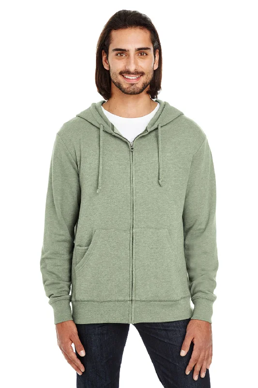 Threadfast Apparel Mens French Terry Full Zip Hooded Sweatshirt Hoodie w/ Pockets - Heather Army Green - Closeout