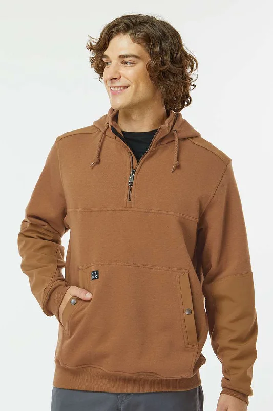 Dri Duck Mens Mission Fleece Water Resistant 1/4 Zip Hooded Sweatshirt Hoodie w/ Pouch Pocket - Saddle Brown