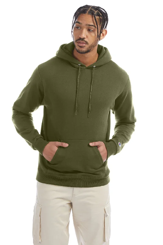 Champion Mens Double Dry Eco Moisture Wicking Fleece Hooded Sweatshirt Hoodie w/ Pouch Pocket - Fresh Olive Green