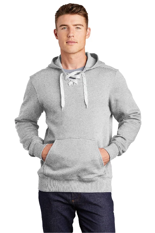 Sport-Tek Mens Lace Up Fleece Hooded Sweatshirt Hoodie w/ Pouch Pocket - Heather Grey