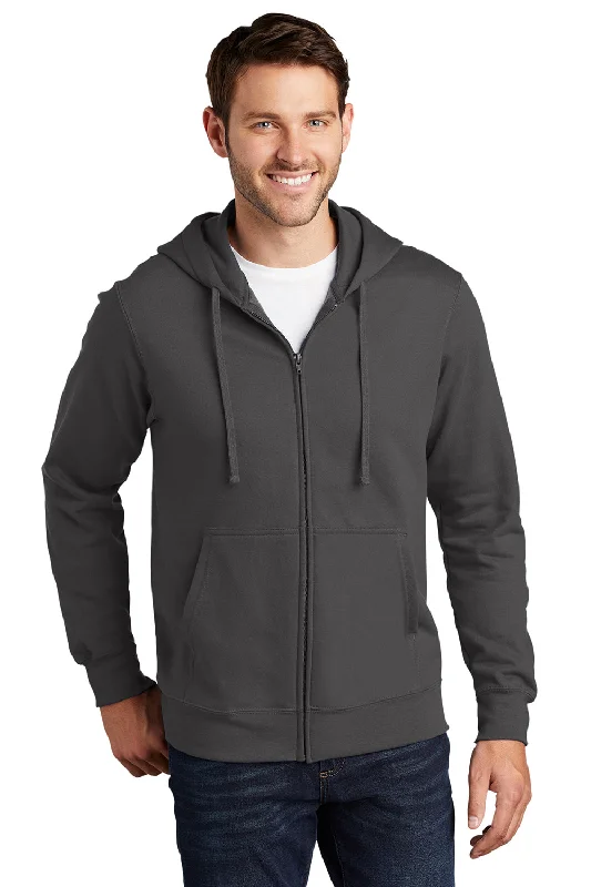 Port & Company Mens Fan Favorite Fleece Full Zip Hooded Sweatshirt Hoodie w/ Pockets - Charcoal Grey