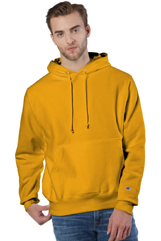 Champion Mens Shrink Resistant Hooded Sweatshirt Hoodie w/ Pouch Pocket - Gold