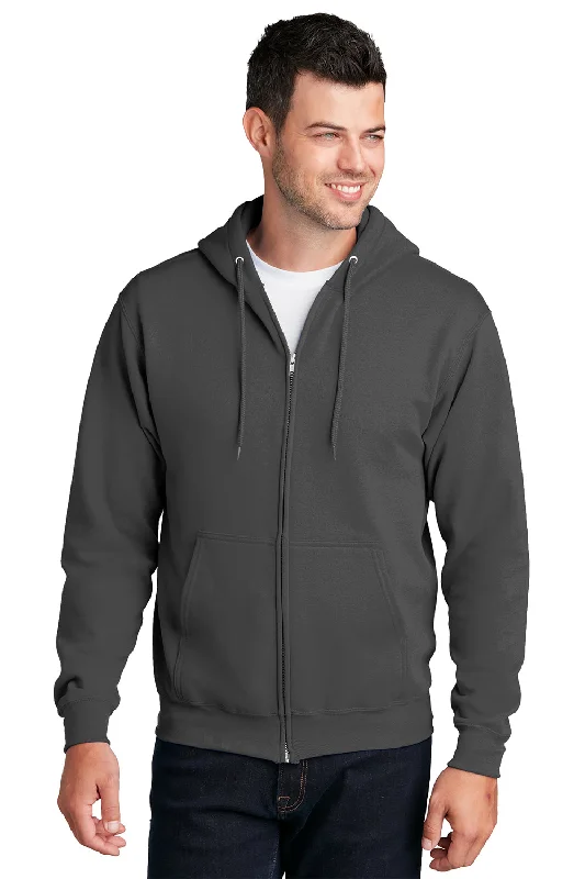 Port & Company Mens Core Pill Resistant Fleece Full Zip Hooded Sweatshirt Hoodie w/ Pockets - Charcoal Grey