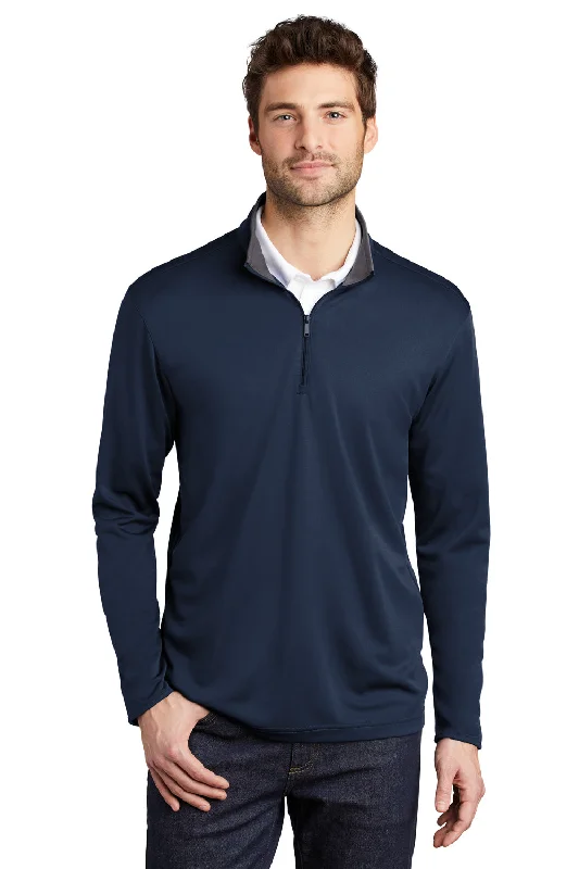 Port Authority Mens Silk Touch Performance Moisture Wicking 1/4 Zip Sweatshirt - Navy Blue/Steel Grey