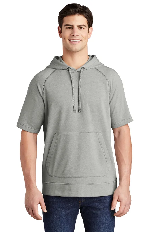 Sport-Tek Mens Moisture Wicking Fleece Short Sleeve Hooded Sweatshirt Hoodie w/ Pouch Pocket - Heather Light Grey - Closeout