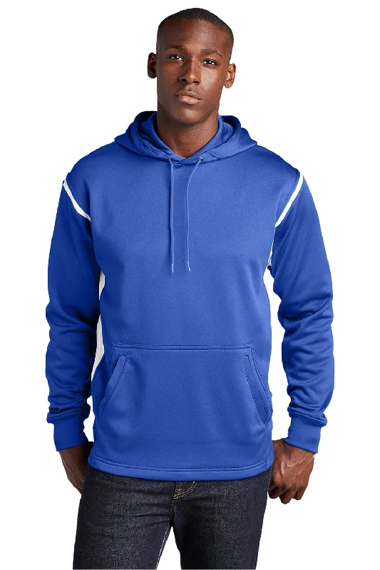 Sport-Tek Mens Tech Moisture Wicking Fleece Hooded Sweatshirt Hoodie w/ Pouch Pocket - True Royal Blue/White