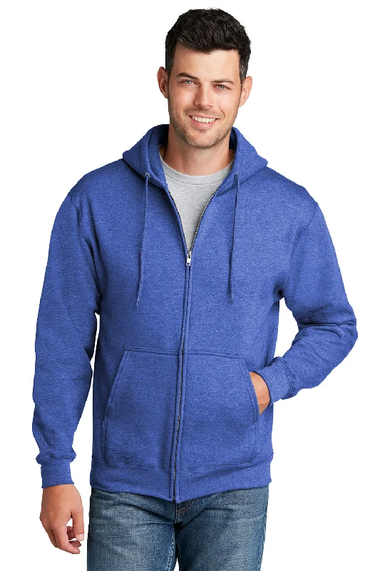 Port & Company Mens Core Pill Resistant Fleece Full Zip Hooded Sweatshirt Hoodie w/ Pockets - Heather Royal Blue