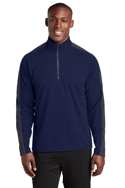 Sport-Tek Mens Sport-Wick Moisture Wicking 1/4 Zip Sweatshirt - True Navy Blue/Iron Grey - Closeout