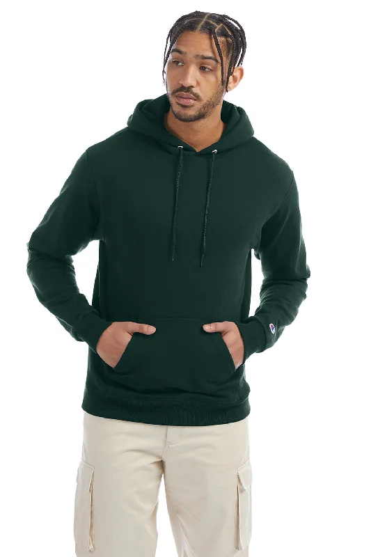 Champion Mens Double Dry Eco Moisture Wicking Fleece Hooded Sweatshirt Hoodie w/ Pouch Pocket - Dark Green