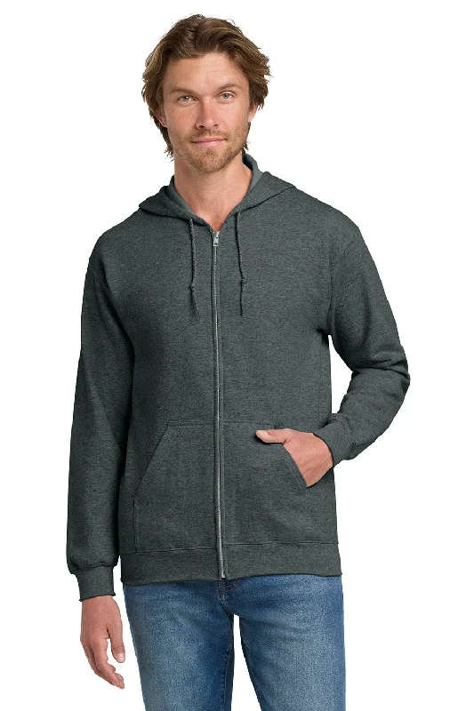 Gildan Mens Pill Resistant Full Zip Hooded Sweatshirt Hoodie w/ Pockets - Heather Dark Grey