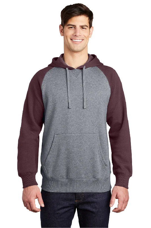 Sport-Tek Mens Shrink Resistant Fleece Hooded Sweatshirt Hoodie w/ Pouch Pocket - Heather Vintage Grey/Maroon