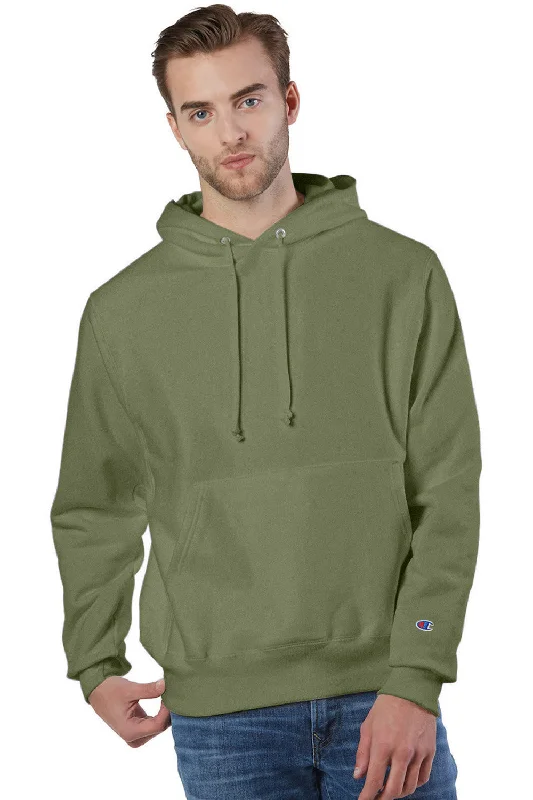 Champion Mens Shrink Resistant Hooded Sweatshirt Hoodie w/ Pouch Pocket - Fresh Olive Green