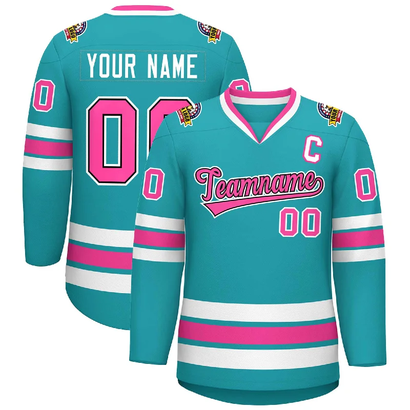 Custom Aqua Pink Navy-White Classic Style Hockey Jersey