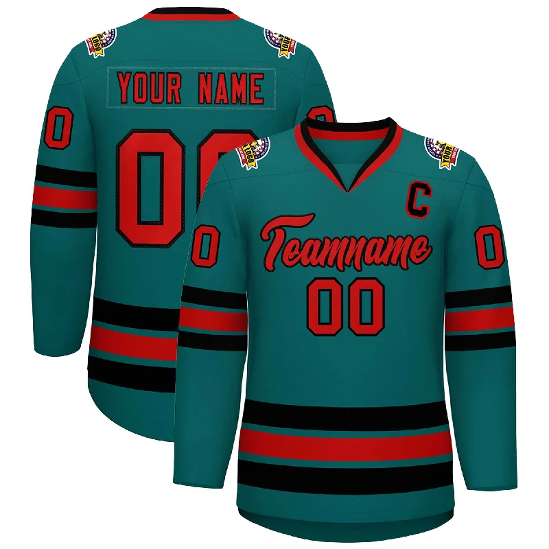 Custom Aqua Red-Black Classic Style Hockey Jersey