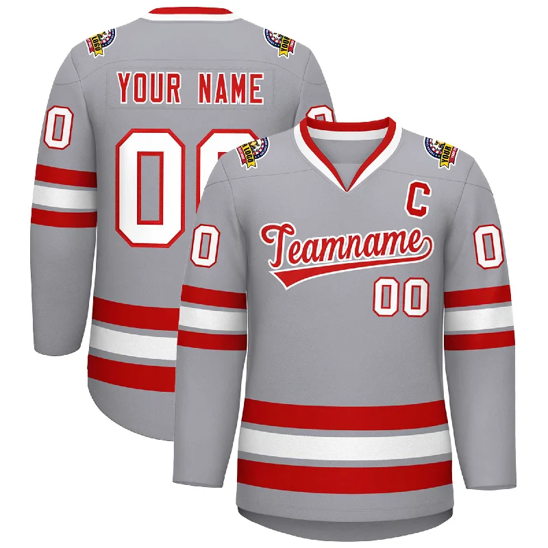 Custom Gray Red-White Classic Style Hockey Jersey