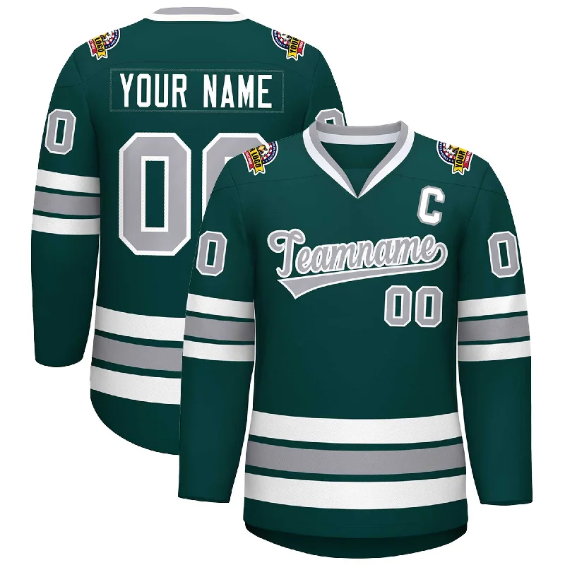 Custom Midnight Green Gray-White Classic Style Hockey Jersey