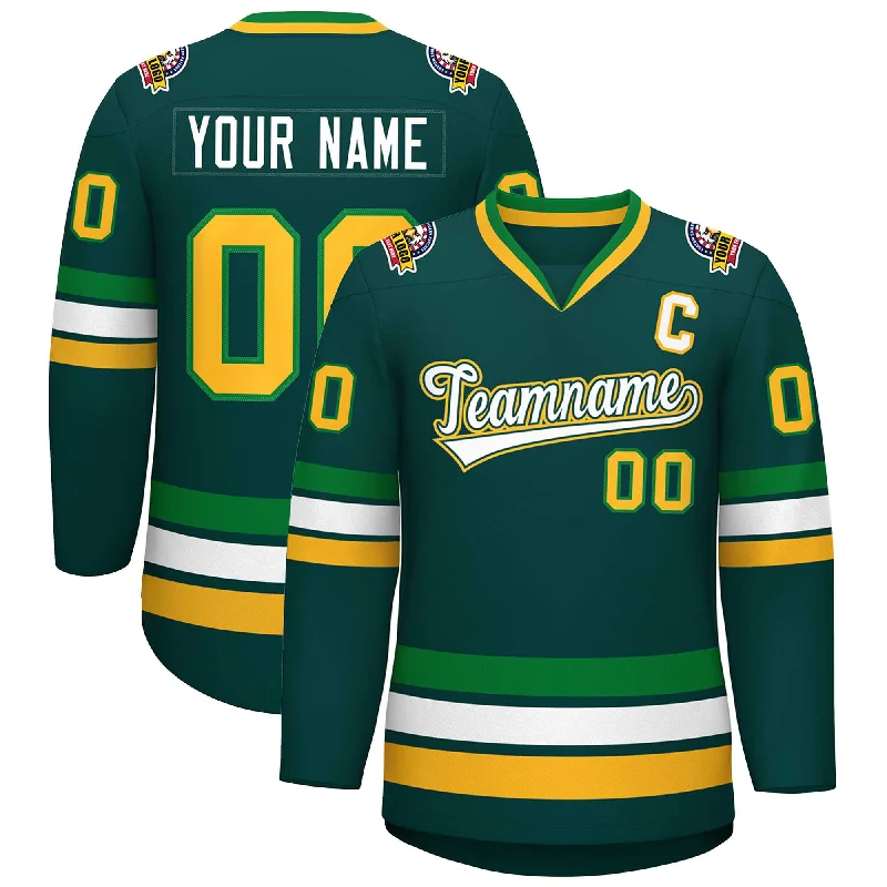 Custom Midnight Green White Kelly Green-Gold Classic Style Hockey Jersey