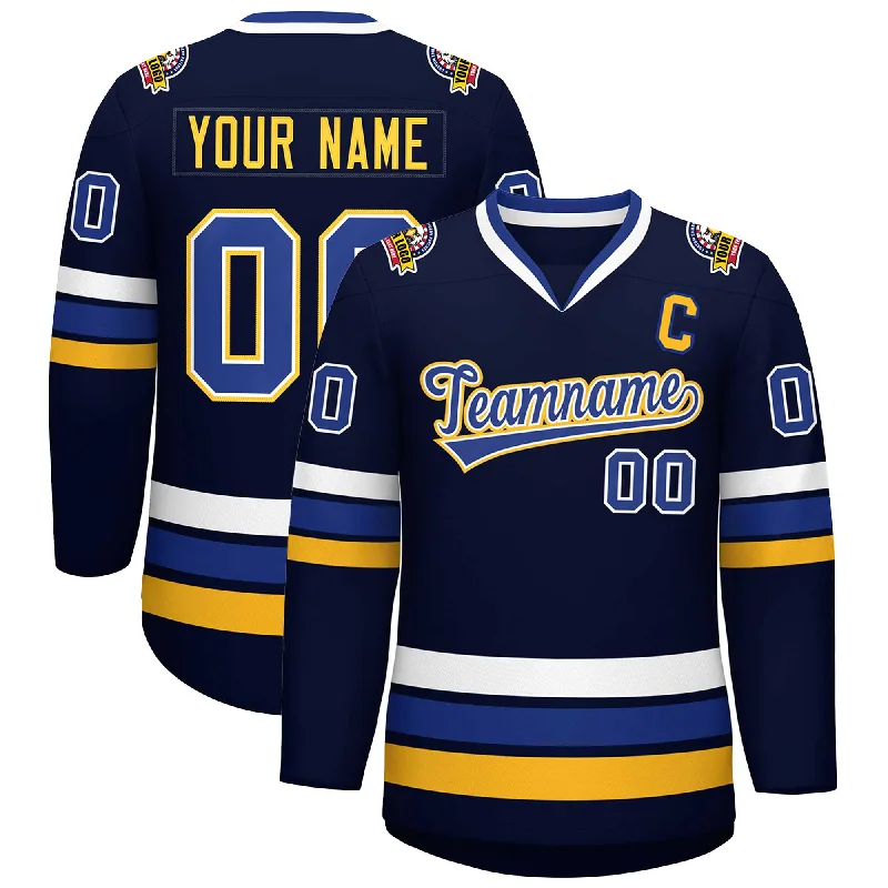 Custom Navy Royal White-Gold Classic Style Hockey Jersey