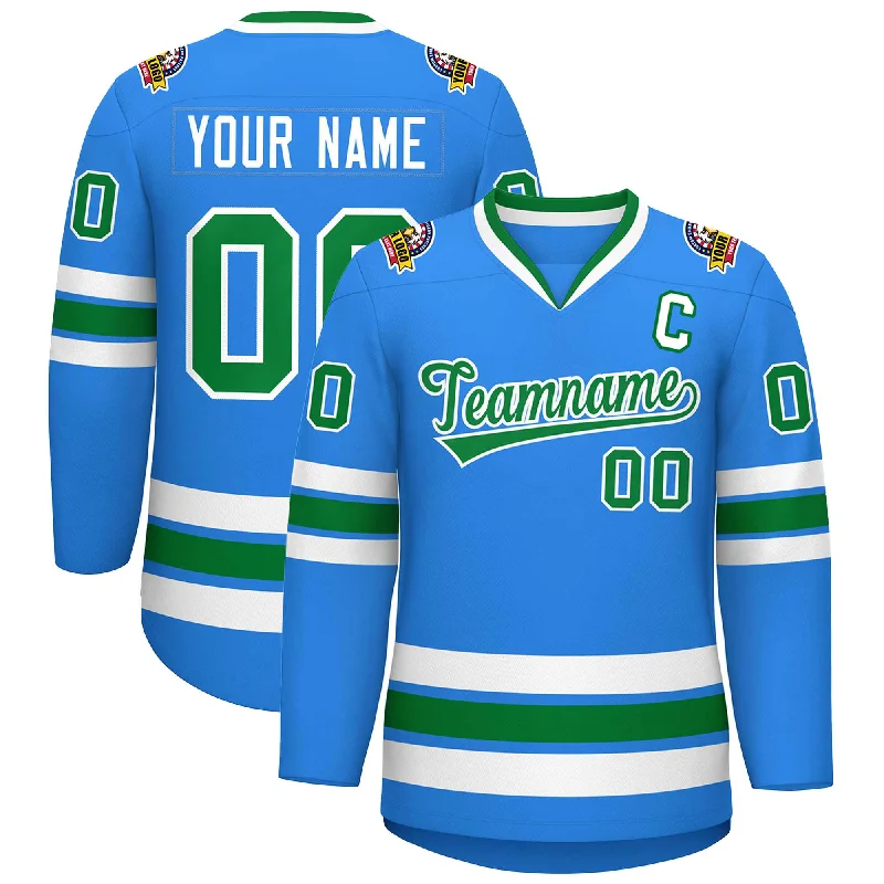 Custom Powder Blue Kelly Green-White Classic Style Hockey Jersey