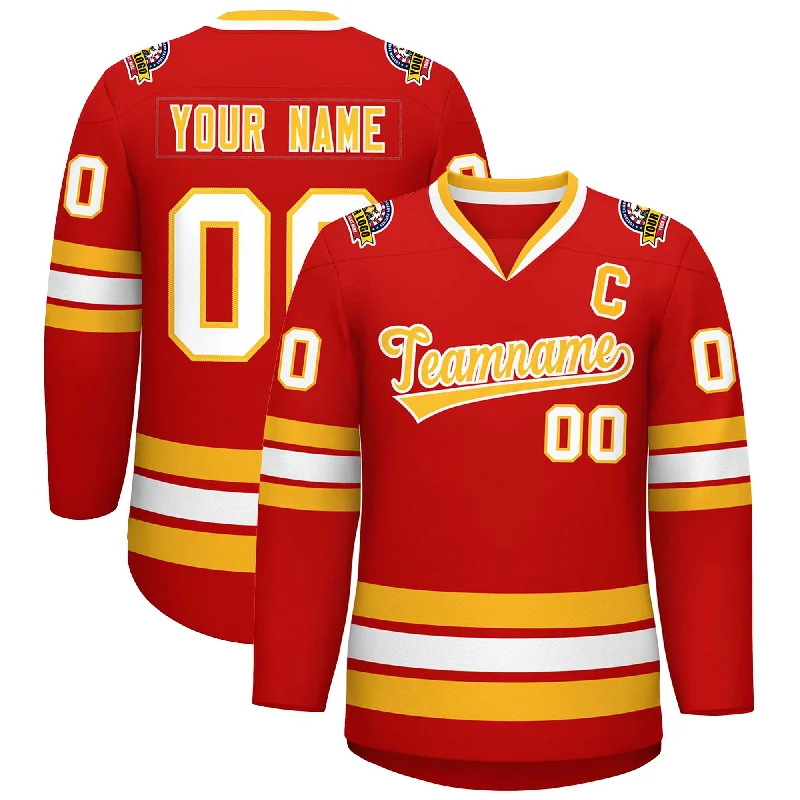 Custom Red Gold-White Classic Style Hockey Jersey